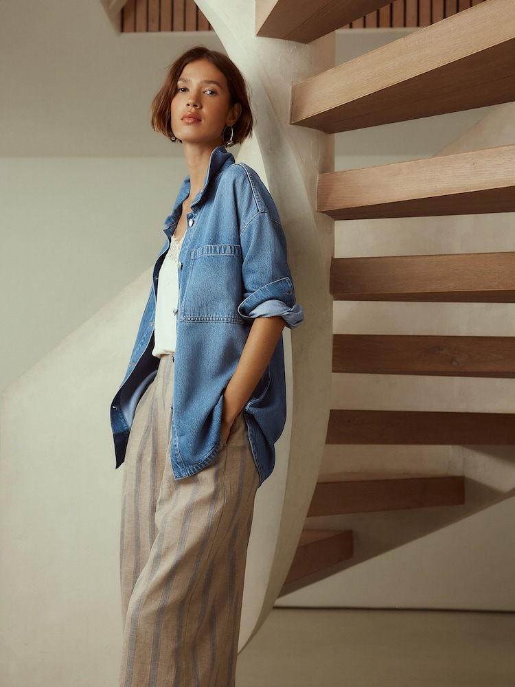 Mid Blue Denim Boyfriend Oversized Shirt - Image 1 of 8