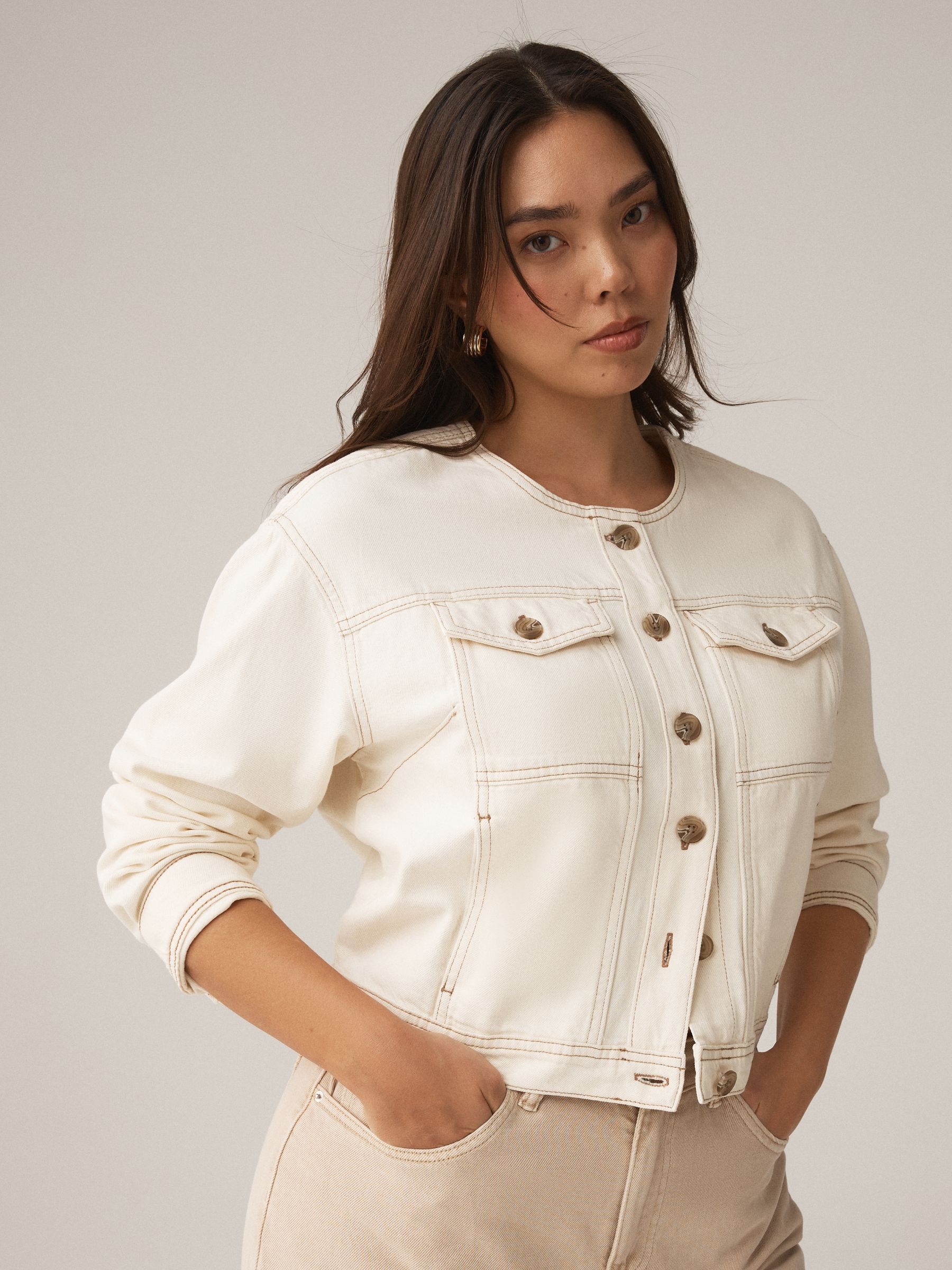 Buy Ecru Fuller Bust Collarless Denim Jacket from the Next UK