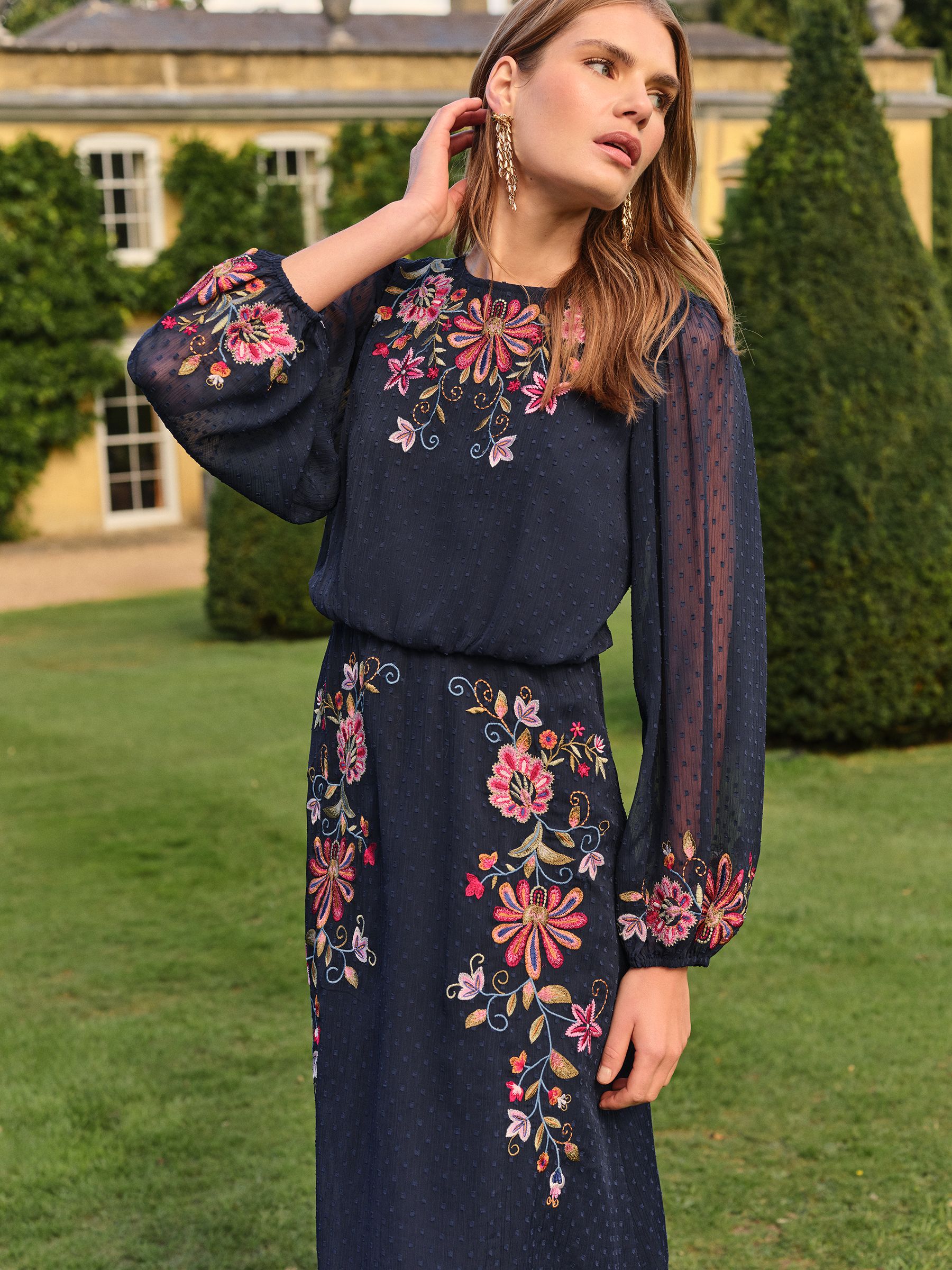 Buy Love & Roses Navy Floral Embroidered Crew Neck Midi Dress from