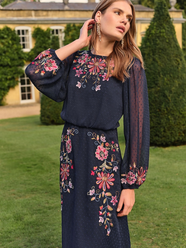 Love & Roses Navy Floral Embroidered Crew Neck Midi Dress - Image 4 of 4