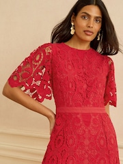 Love & Roses Red Lace Angel Sleeve Midi Dress - Image 4 of 5