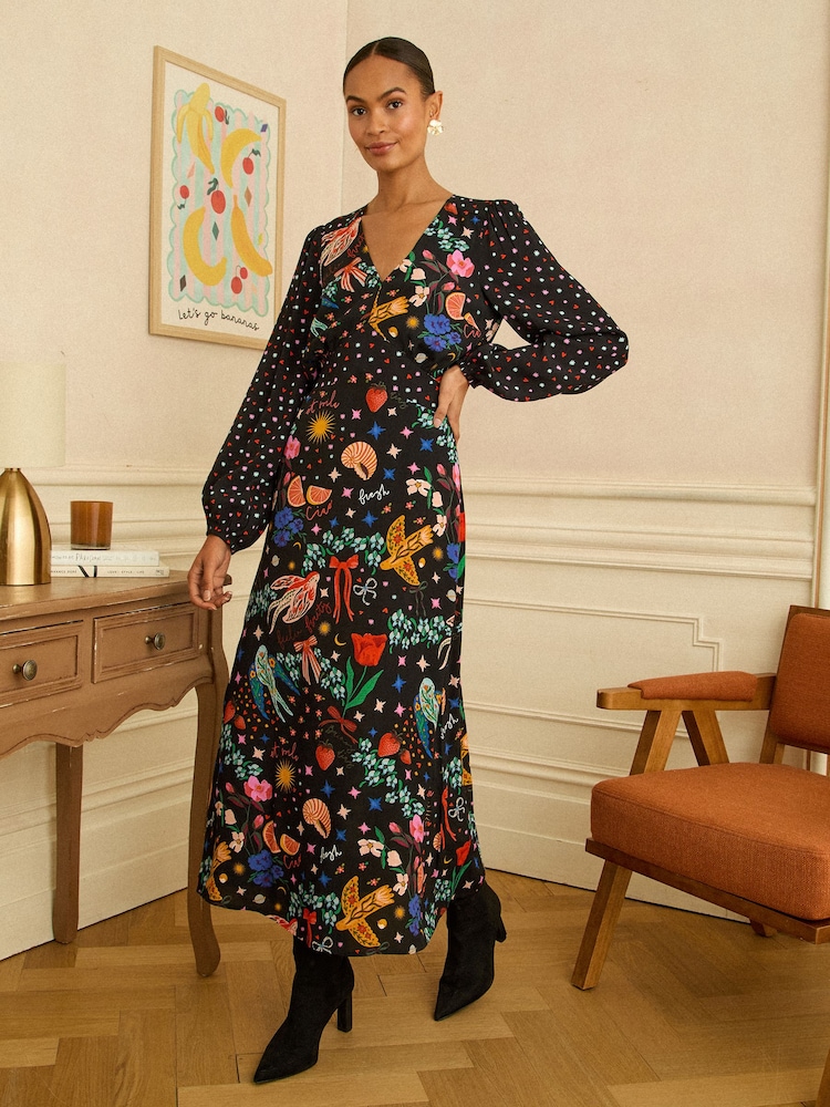 Love & Roses V-Neck Shirred Waist Midi Dress - Immagine 1 di 4