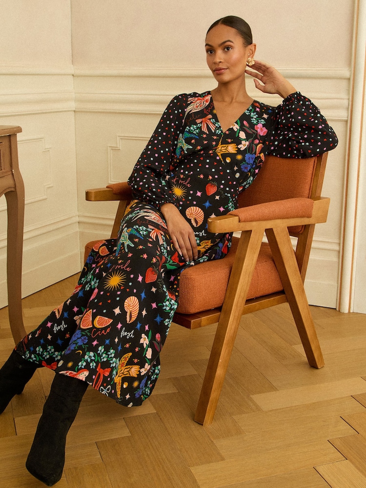 Love & Roses V-Neck Shirred Waist Midi Dress - Immagine 2 di 4