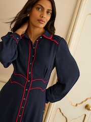 Love & Roses Navy Tipped Midi Shirt Dress - Image 2 of 4