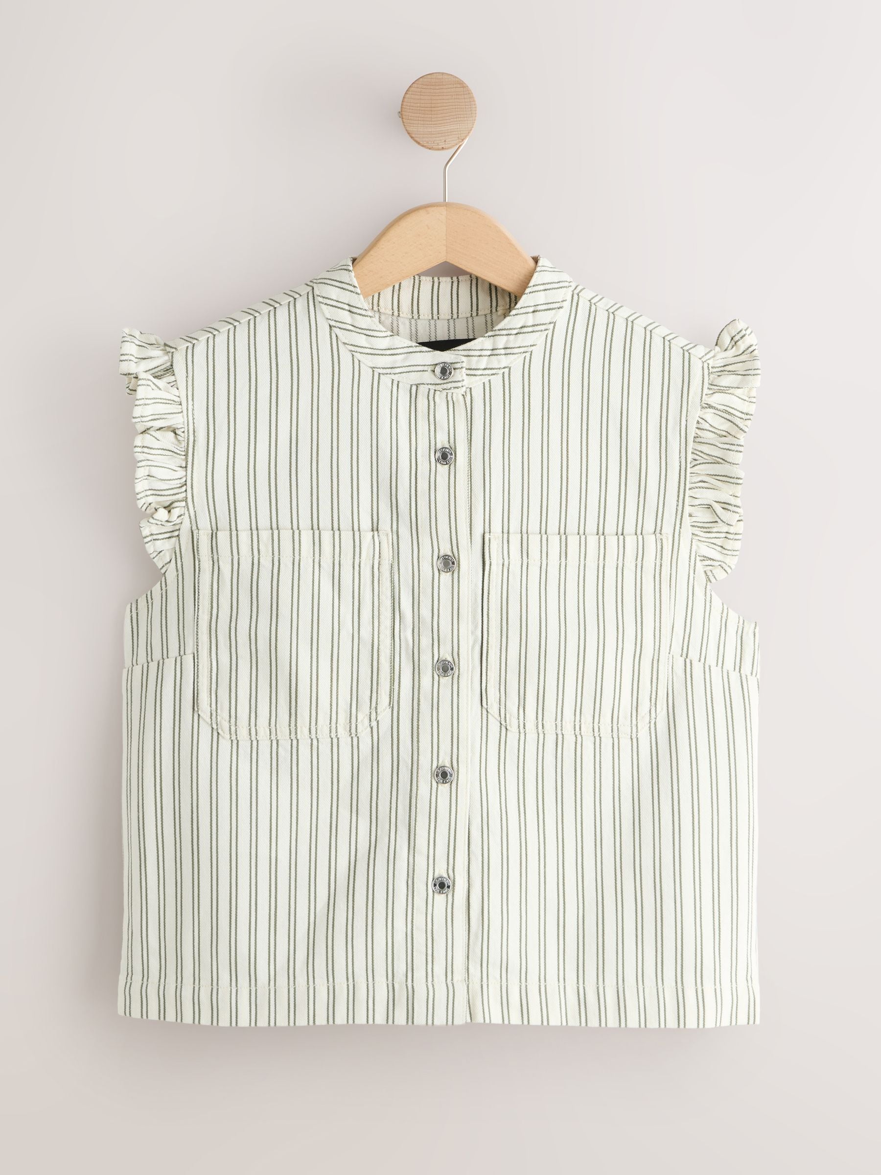 HYEON：frill gilet Buy Ecru/Green Stripe Frill Sleeve Denim Gilet from the Next UK