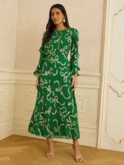 Love & Roses Green Bow Metallic Ruffle Sleeve Maxi Dress - Image 1 of 4