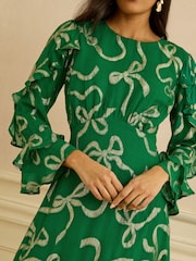 Love & Roses Green Bow Metallic Ruffle Sleeve Maxi Dress - Image 2 of 4