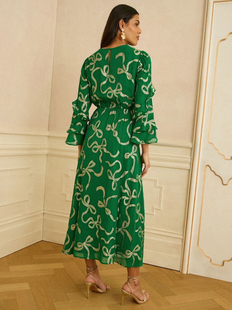 Buy Love & Roses Green Bow Metallic Ruffle Sleeve Maxi Dress from Next USA