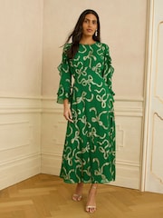 Love & Roses Green Bow Metallic Ruffle Sleeve Maxi Dress - Image 4 of 4