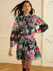 Love & Roses Black Floral Chiffon Lace Detail Mini Dress - Image 2 of 4