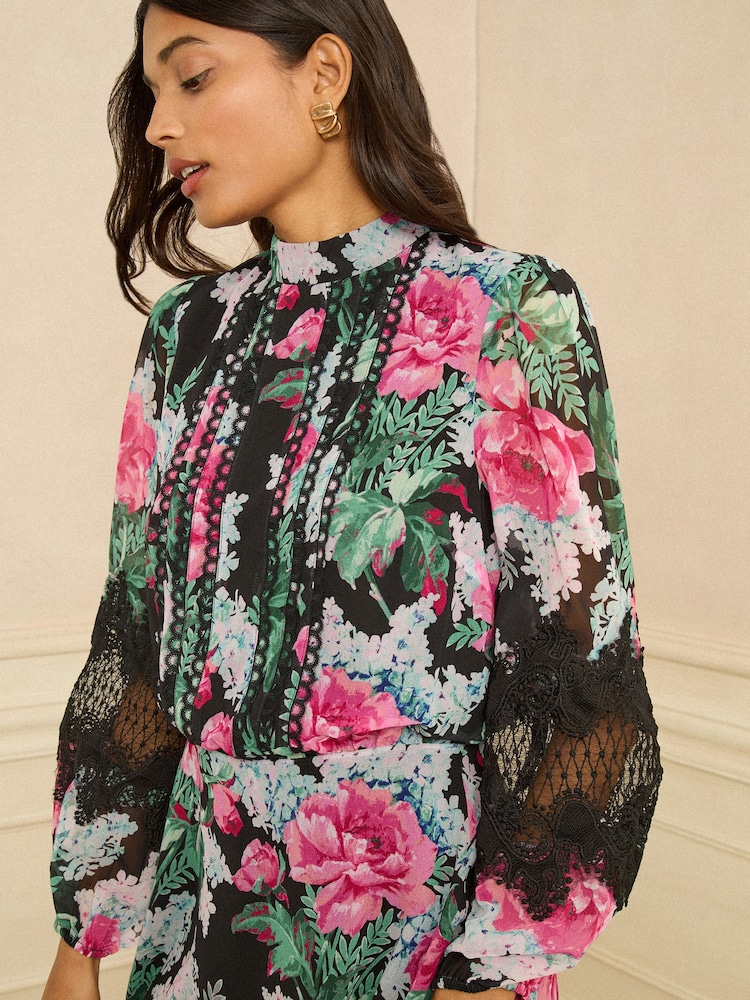 Love & Roses Black Floral Chiffon Lace Detail Mini Dress - Image 4 of 4