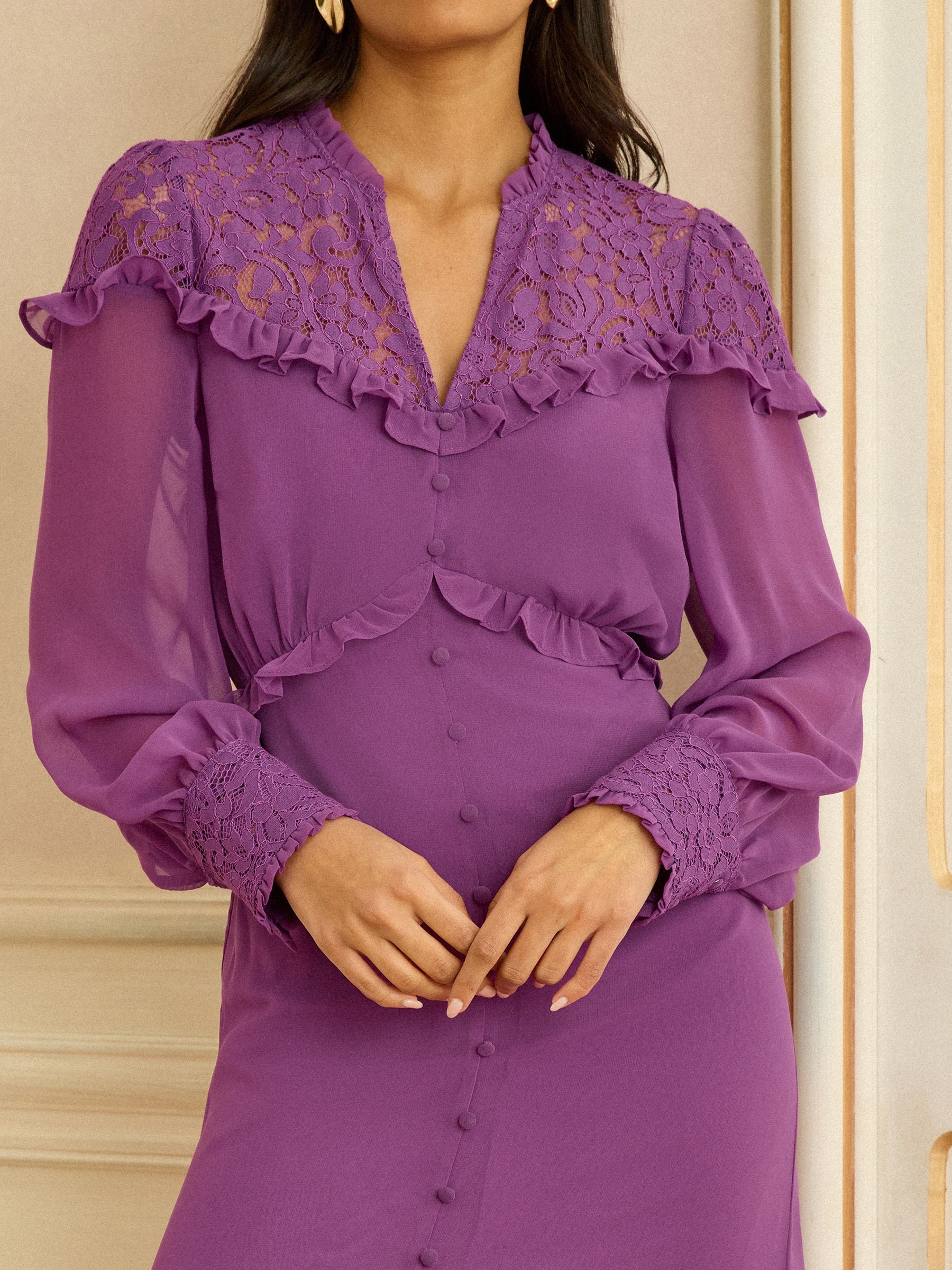 Buy Love & Roses Wisteria Purple Lace Detail Pleated Chiffon Midi