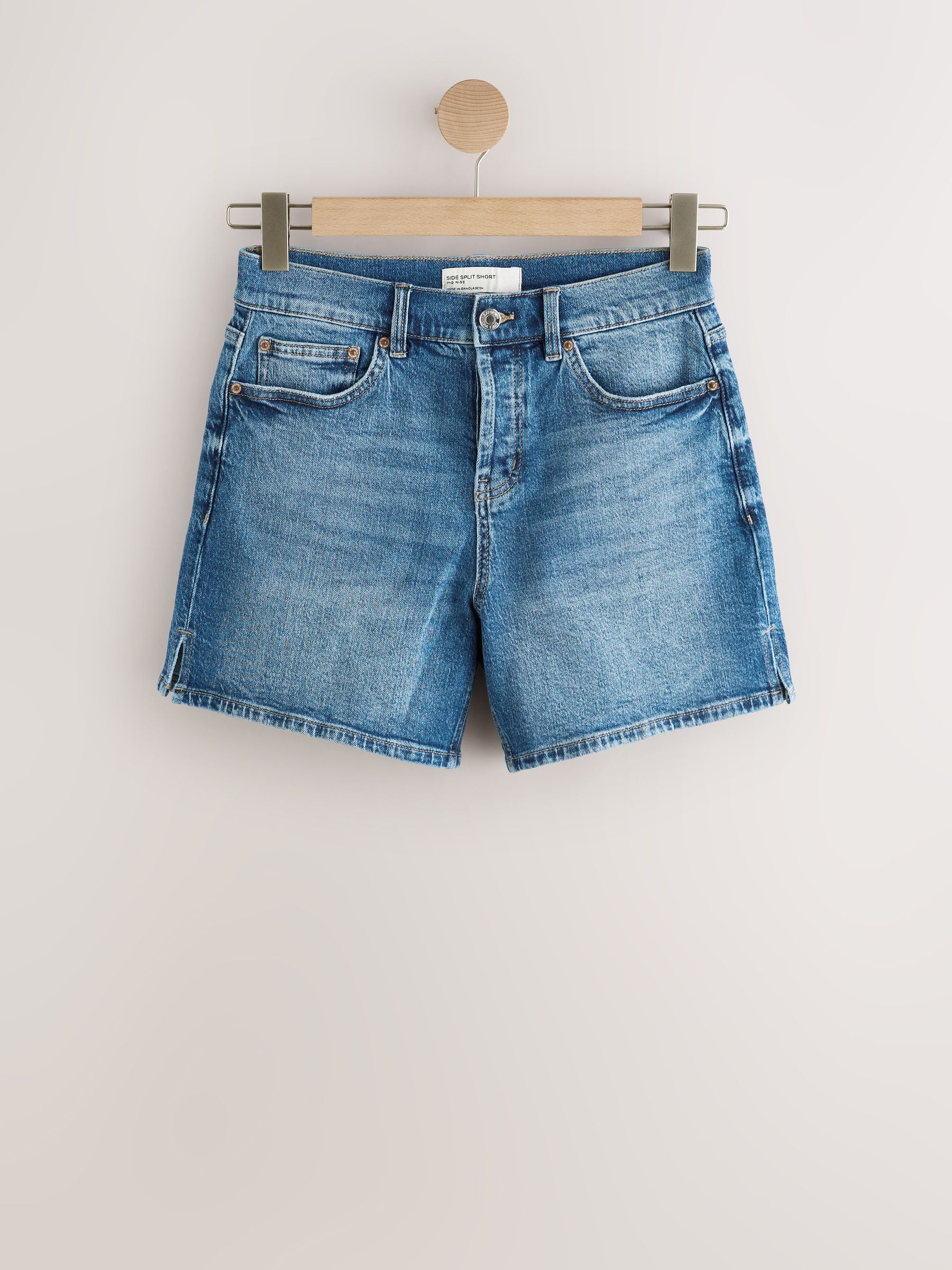 Buy Mid Blue Graphic Split Hem Mid Rise Denim Shorts from Next