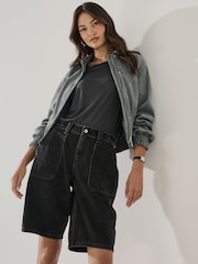 Black Utility Style Denim Jorts Shorts - Image 1 of 9