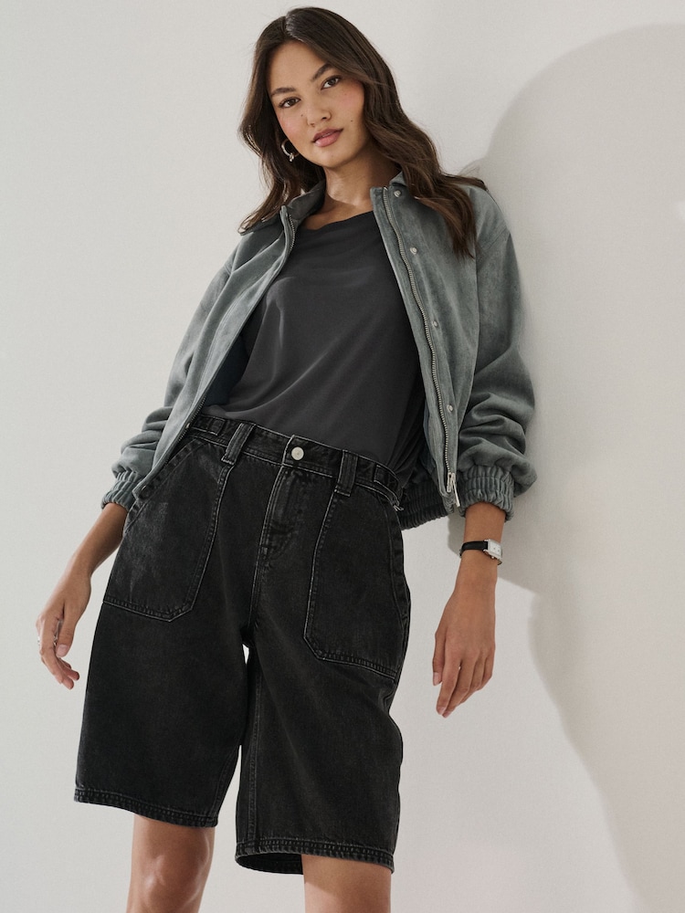 Black Utility Style Denim Jorts Shorts - Image 1 of 9