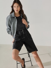 Black Utility Style Denim Jorts Shorts - Image 2 of 9