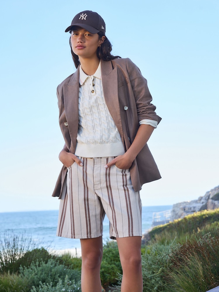 Ecru / Brown Stripe Bermuda Denim Jort Shorts - Image 1 of 5 Ecru / Brown Stripe Bermuda Denim Jort Shorts - Image 1 of 5