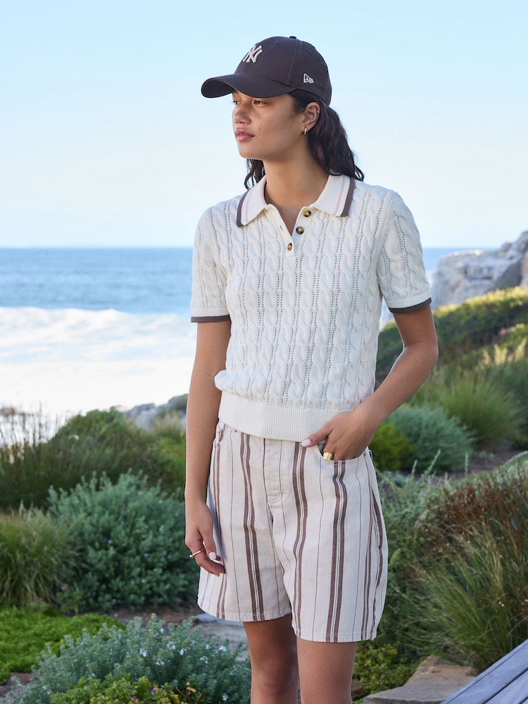 Ecru / Brown Stripe Bermuda Denim Jort Shorts - Image 2 of 5 Ecru / Brown Stripe Bermuda Denim Jort Shorts - Image 2 of 5