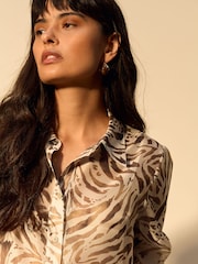 Brown Animal Print Sheer Long Sleeve Shirt - Image 5 of 8