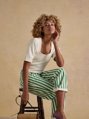 كريم - Joules Tabitha Ribbed Square Neck Jersey Top with Puff Sleeves - Image 7 of 8