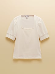 كريم - Joules Tabitha Ribbed Square Neck Jersey Top with Puff Sleeves - Image 8 of 8