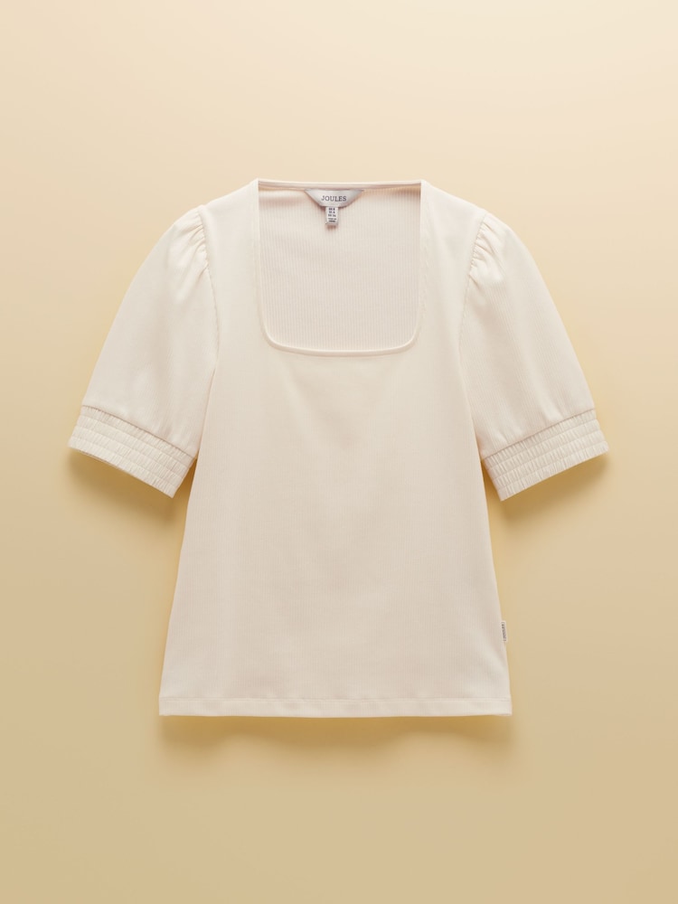 كريم - Joules Tabitha Ribbed Square Neck Jersey Top with Puff Sleeves - Image 8 of 8