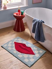 Eleanor Bowmer Blue Checkerboard Lips 100% Cotton Bath Mat - Image 1 of 3