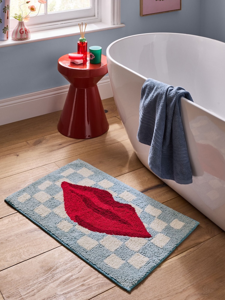 Eleanor Bowmer Blue Checkerboard Lips 100% Cotton Bath Mat - Image 1 of 3