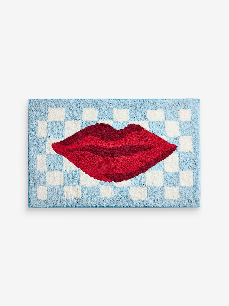 Eleanor Bowmer Blue Checkerboard Lips 100% Cotton Bath Mat - Image 2 of 3