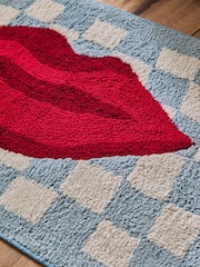 Eleanor Bowmer Blue Checkerboard Lips 100% Cotton Bath Mat - Image 3 of 3