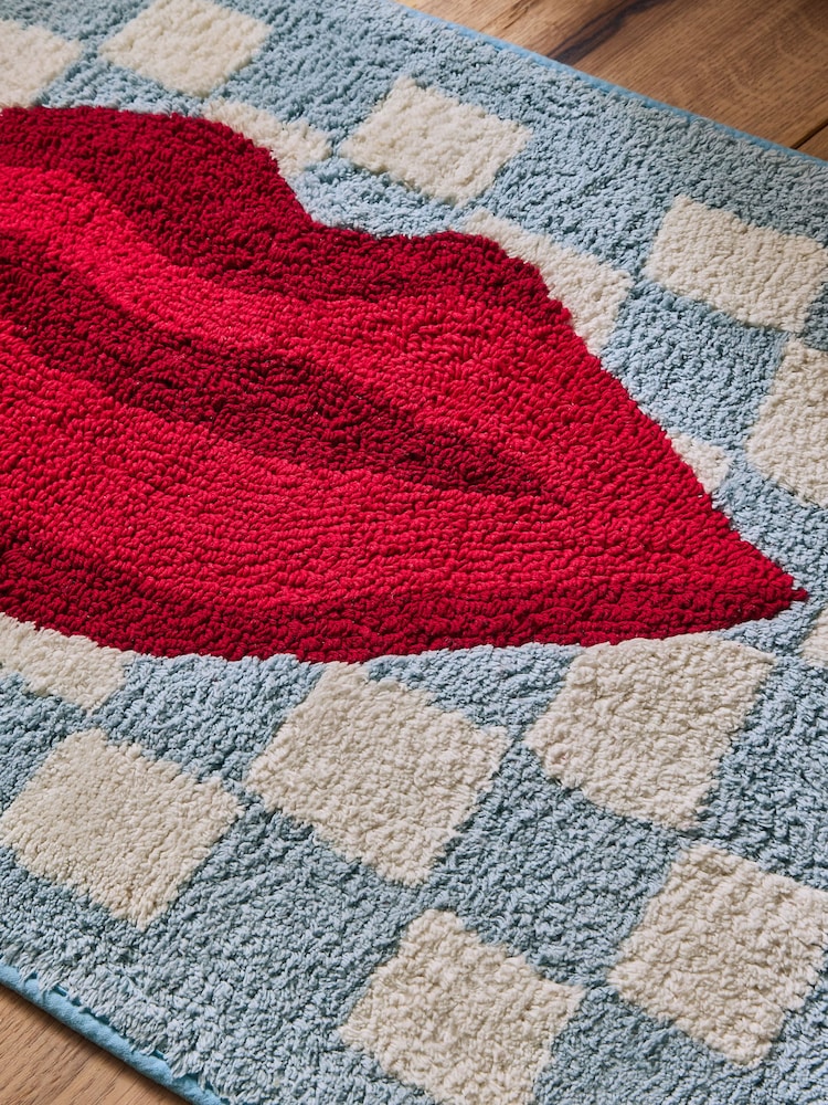 Eleanor Bowmer Blue Checkerboard Lips 100% Cotton Bath Mat - Image 3 of 3
