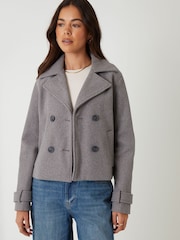 Threadbare Grey Faux Wool Cropped Trench Coat - Image 1 of 4