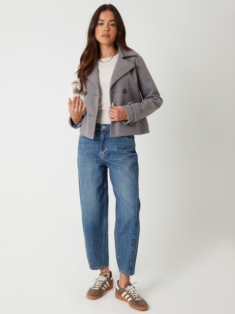 Threadbare Grey Faux Wool Cropped Trench Coat - Image 4 of 4
