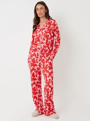Threadbare Red Bow Print Long Button Through Christmas Pyjamas 2 Piece Set - Image 3 of 5