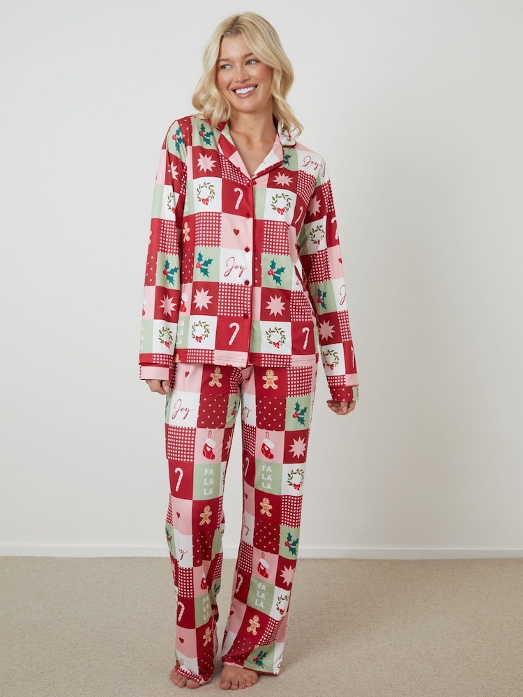 Threadbare Red Patchwork Print Long Button Through Christmas Pyjamas 2 Piece Set - Image 1 of 5 Threadbare Red Patchwork Print Long Button Through Christmas Pyjamas 2 Piece Set - Image 1 of 5