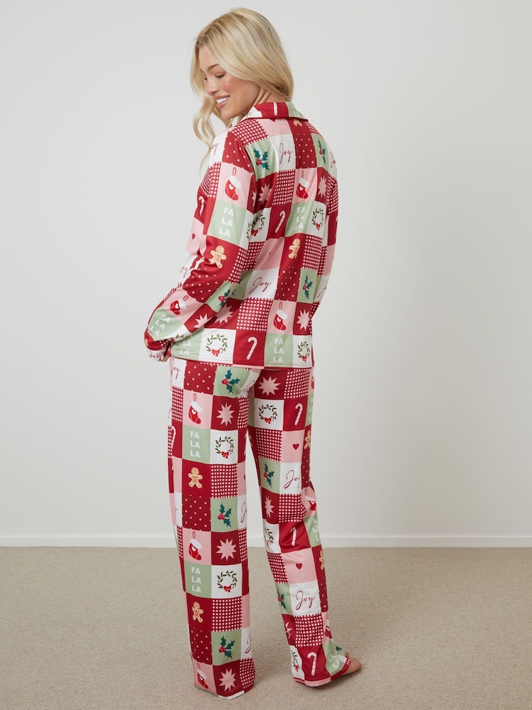 Threadbare Red Patchwork Print Long Button Through Christmas Pyjamas 2 Piece Set - Image 2 of 5 Threadbare Red Patchwork Print Long Button Through Christmas Pyjamas 2 Piece Set - Image 2 of 5