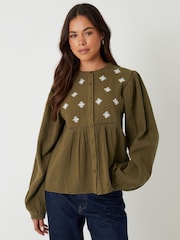 Threadbare Green Crinkle Texture Cotton Embroidered Button-Up Blouse - Image 1 of 4