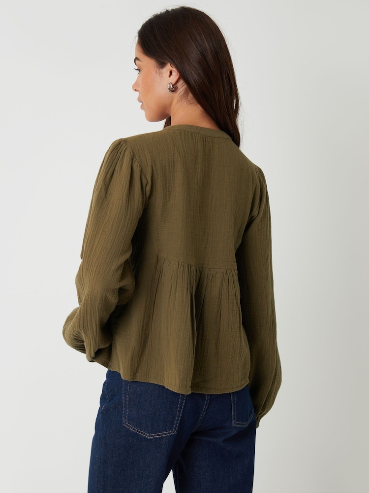 Threadbare Green Crinkle Texture Cotton Embroidered Button-Up Blouse - Image 2 of 4