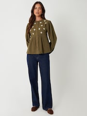 Threadbare Green Crinkle Texture Cotton Embroidered Button-Up Blouse - Image 3 of 4