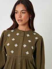 Threadbare Green Crinkle Texture Cotton Embroidered Button-Up Blouse - Image 4 of 4