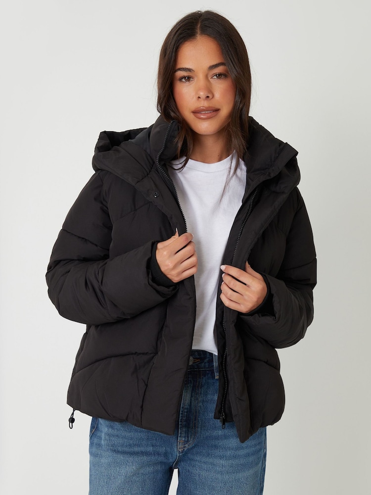 Threadbare Black Hooded Double Collar Puffer Jacket - Image 1 of 5 Threadbare Black Hooded Double Collar Puffer Jacket - Image 1 of 5