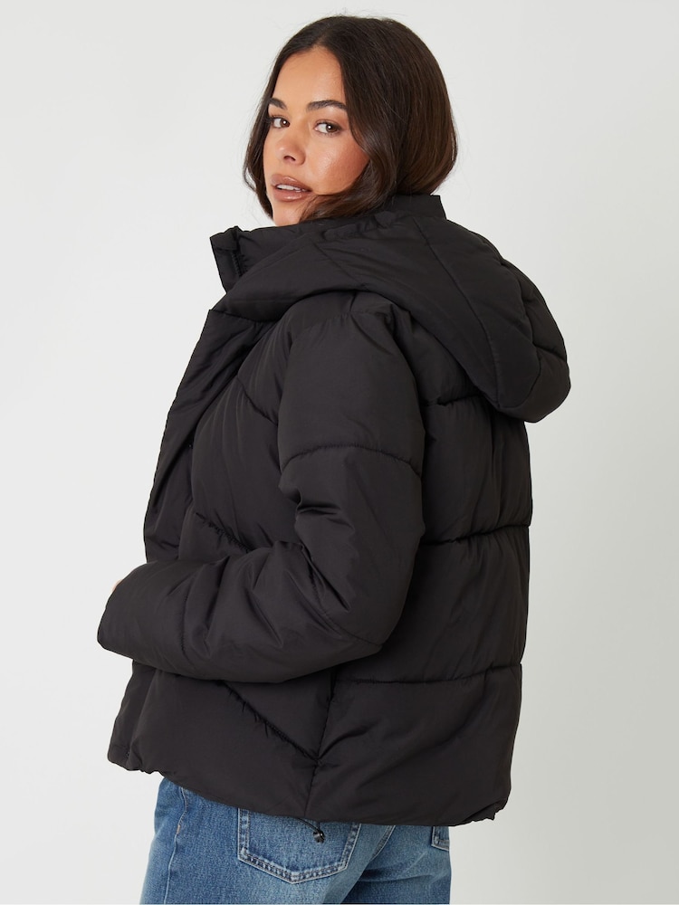 Threadbare Black Hooded Double Collar Puffer Jacket - Image 2 of 5 Threadbare Black Hooded Double Collar Puffer Jacket - Image 2 of 5