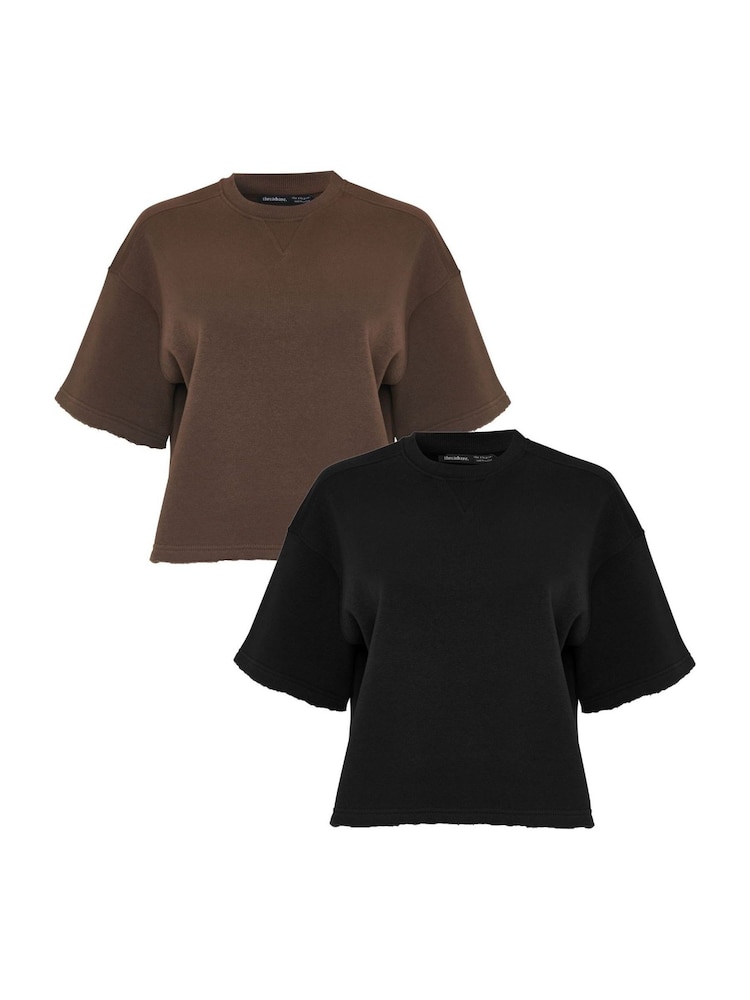 Threadbare Brown Boxy Short Sleeve Sweatshirts 2 Pack - Image 1 of 5 Threadbare Brown Boxy Short Sleeve Sweatshirts 2 Pack - Image 1 of 5