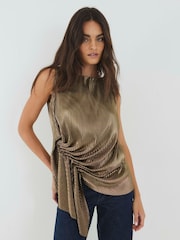 River Island Gold Plisse Drape Tie Detail Blouse - Image 1 of 4