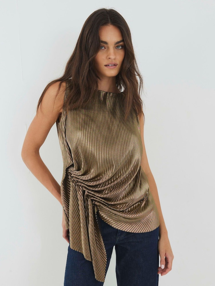 River Island Gold Plisse Drape Tie Detail Blouse - Image 1 of 4