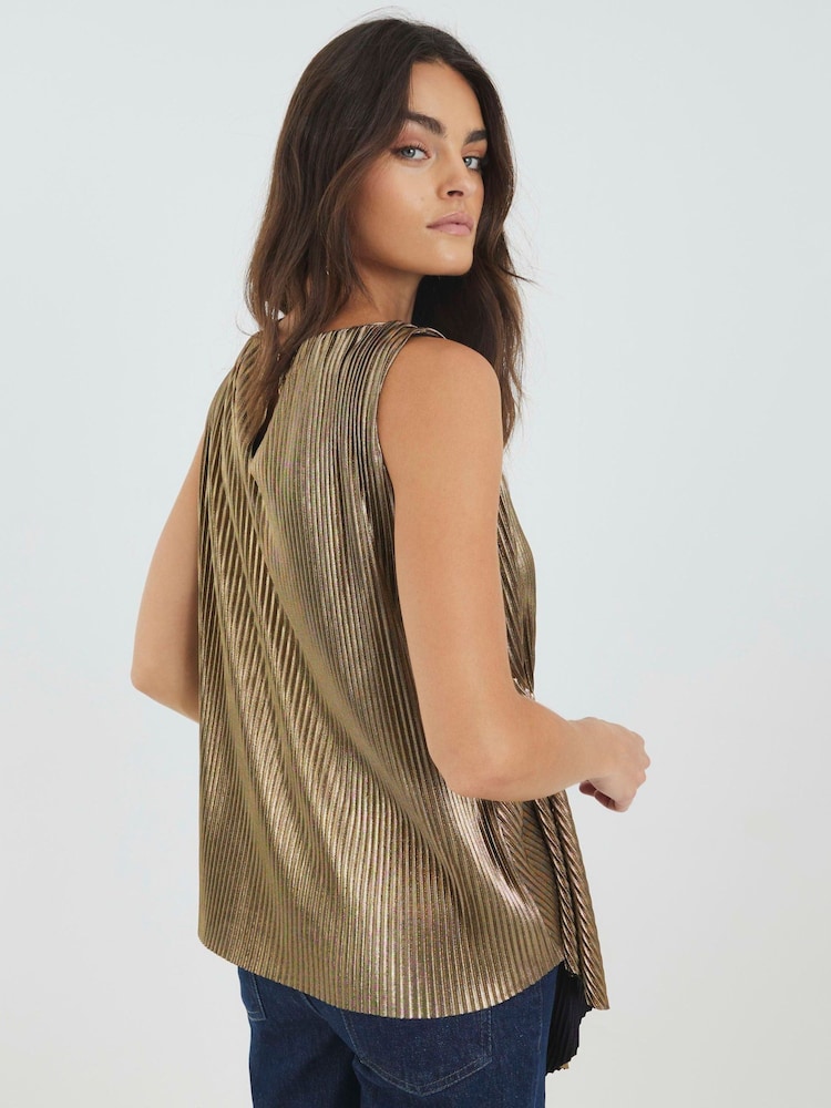River Island Gold Plisse Drape Tie Detail Blouse - Image 2 of 4