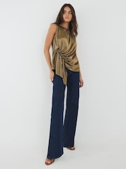 River Island Gold Plisse Drape Tie Detail Blouse - Image 4 of 4