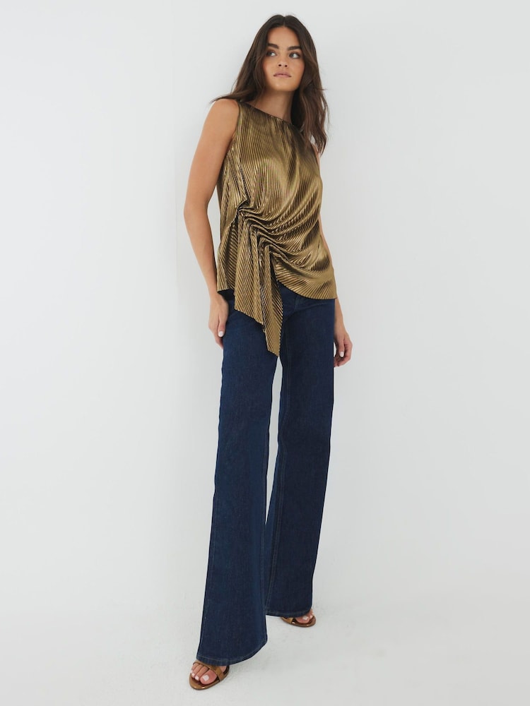 River Island Gold Plisse Drape Tie Detail Blouse - Image 4 of 4