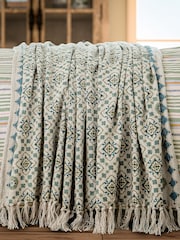 Joules Cream Green Country Tiles Throw - Image 1 of 4