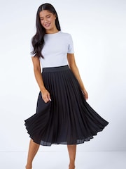 Roman Black Petite Pleated Elastic Waist Midi Skirt - Image 3 of 4